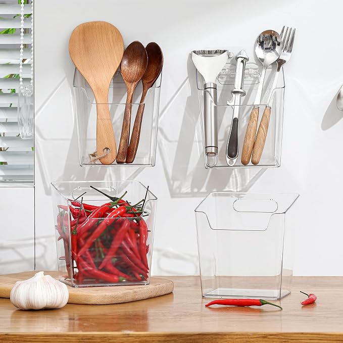 Clear Acrylic Pen Holder, 6 Pack Cabinet Door Organizer Adhesive, Bathroom Wall Mount Caddy Kitchen Plastic Storage Bin Box for Office Marker,Art Supply, Small Cleaning Supply, Seasoning Drink Packet