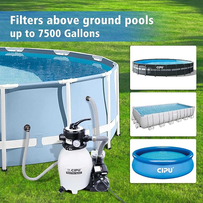 CIPU 12-inch Sand Filter Pump System Handy 4-Way Valve for Above Ground Swimming Pools with Prefilter Pool Pump 115V 6-Foot Cord to Easy Installation SFPS12501
