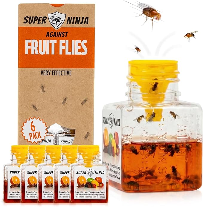 Super Ninja Fruit Fly Traps for Indoors - 6 Pack, Highly Effective Fruit Fly Catcher for Indoor Use for Home & Kitchen, Up to 3 Weeks of Performance per Bottle, Kid & Pet Friendly