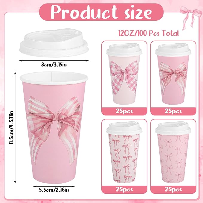 NatNarr 100 Pack Pink Bow Disposable Coffee Cups with Lids, 12 oz Cute Bowknot Paper Cup Insulated Coffee Cup for Birthday Anniversay Baby Shower Bachelorette Party Supplies, 4 Styles