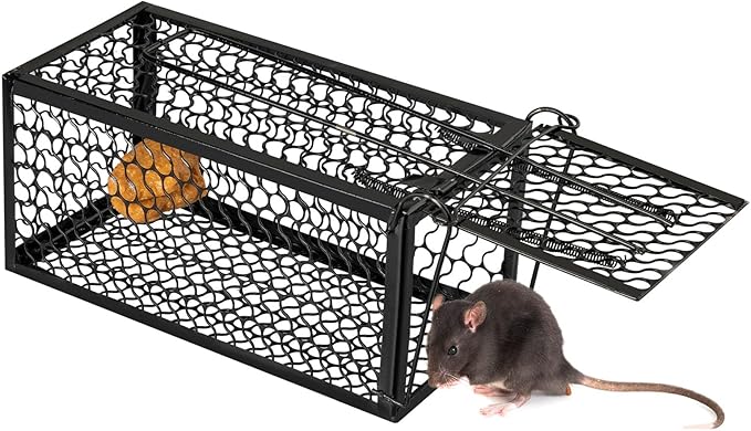 Qualirey 1 Pcs Humane Rat Trap Chipmunk Rodent Mouse Squirrel Trap 9.1 x 4.5 x 4.5 Inches Live Animal Mouse Voles Hamsters Live Cage Rat Cage for Mice Easy to Catch and Release (Black)