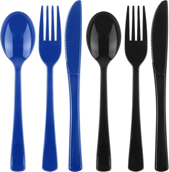 Kochorie 300Pcs Black & Blue Graduation Disposable Plastic Silverware, Heavy Duty Cutlery Set, Premium Flatware Include Forks Knives Spoons for Graduation Party Supplies & Congrats Grad Events