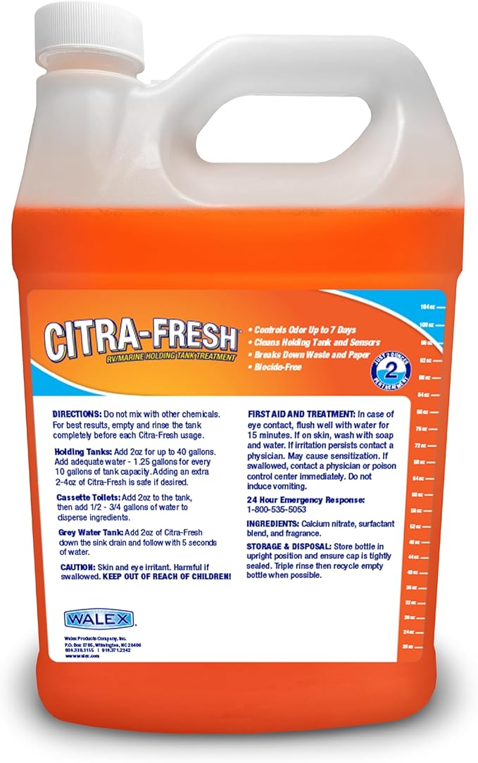 Walex Citra-Fresh Liquid Holding Tank Treatment for RV, Camper & Marine - Black Water Tank Deodorizer for Rapid Breakdown of Waste & Toilet Paper, Biocide-Free, Septic Tank Safe, 1 Gallon