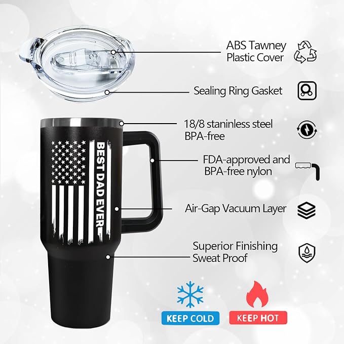 Ceovfoi 40 oz Dad American Flag Tumbler with Handle Lid and Straw,Black Dad Stainless Steel Cups Mug water Botter,Fathers Day Gift For Dad from Gaughter