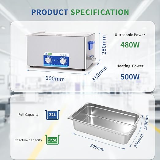 DK SONIC Ultrasonic Cleaner,22L 480W Sonic Cleaner with Heater&Mechanical Timer,Ultrasonic Carburetor Cleaner for Cleaning Gun,Engine,Carburetors,Chains(Include Basket)