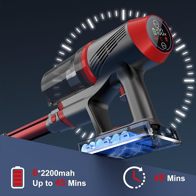 Cordless Stick Vacuum Cleaner, Powerful Suction Anti-Tangle Brush Vacuum with LED Headlight, Lightweight Vacuum Cleaner for Hardwood Floor Carpet Pet Hair (Red)