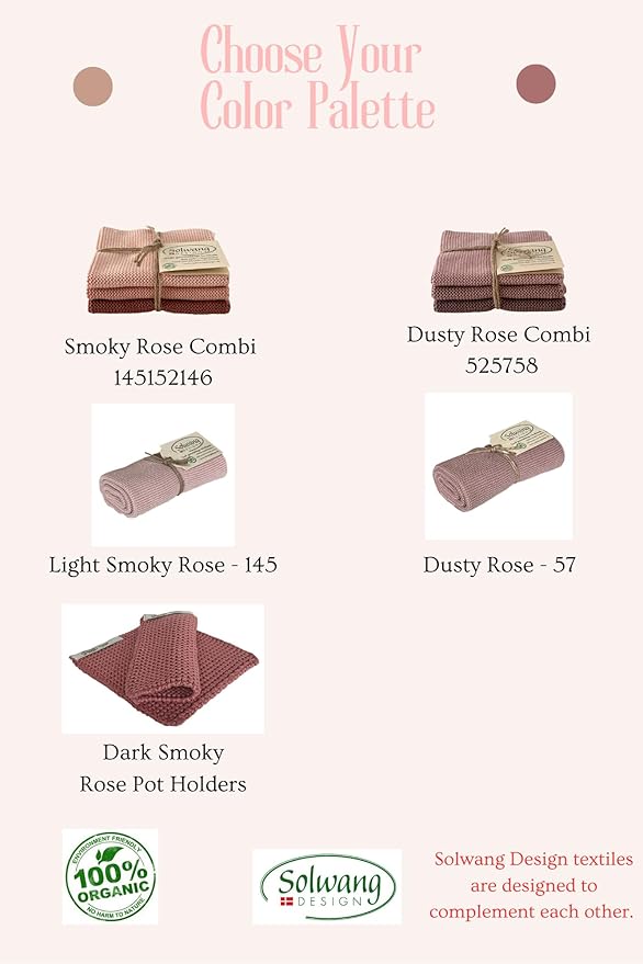Solwang 3-Piece Danish Cotton Dishcloths in 100% Certified Organic Cotton Made in India (Smoky Rose Organic Combi)