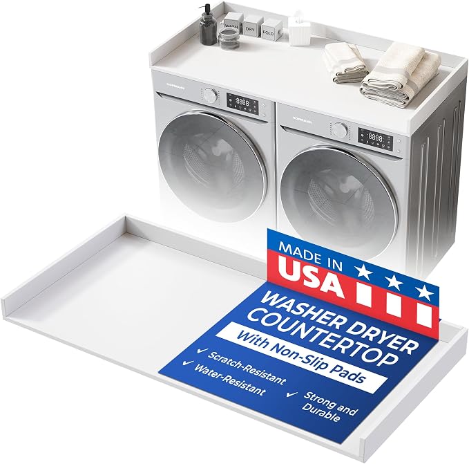 OfficeSimpli Washer Dryer Countertop, Made in USA, Non-Slip Pads, Laundry Room Wood Topper, Washer Dryer Cover for Top, Laundry Countertop, Laminate Finish (Glacier White, Large (27.5" x 58"))