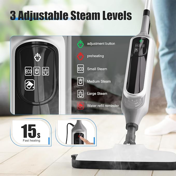 12 in 1 Steam Mop, Detachable Handheld Steam Cleaner for Home, 23FT Cord, for Hardwood Floor Cleaning, Tile, Carpet, Furniture, Clothes, Windows, Grey