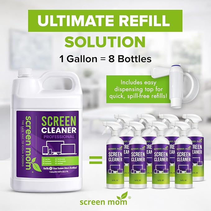 Screen Mom Ultimate Screen Cleaning Kit - 16oz TV Screen Cleaner Spray and Wipes Microfiber Cloth with 1 Gallon Cleaner Refill for TVs, Monitor, Laptop, Car, Phone, iPad, Computer Cleaning Kit