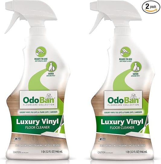 OdoBan Ready-to-Use Luxury Vinyl Floor Cleaner, Streak Free and Neutral PH Formula, Made in the USA, Scentless, 32 Oz Spray 2-Pack