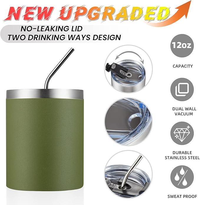 MEWAY 12 oz Lowball, Tumbler Stainless Steel Double Wall Vacuum Insulated Mug with Straw and Lid, Cleaning Brush ，Durable Powder Coated Insulated Coffee Cup for Cold & Hot Drinks (Army Green,12)