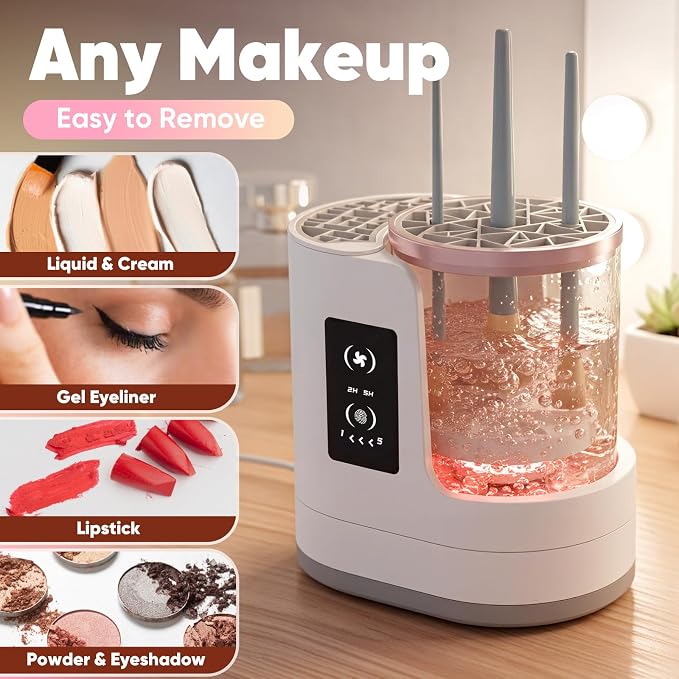 3-in-1 Makeup Brush Cleaner Machine & Dryer,Electric Automatic Brush Washer with Holder,USB-C Touch Control,One-Button Cleaning,Portable Cosmetic Brush Cleaner,Fits Most Sizes