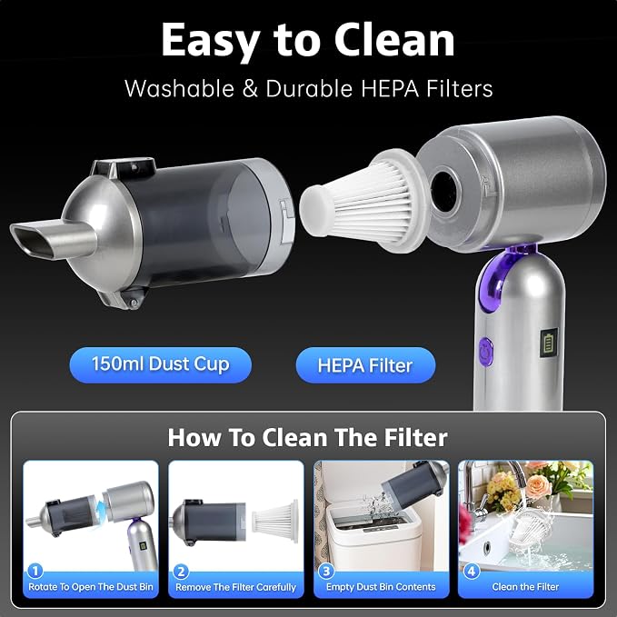 Bug Vacuum Catcher, Mini Handheld Car Vacuum Portable Cordless, 180° Foldable, 17KPa Powerful Suction, Rechargeable Cleaner for Insects, Spiders, Home, Travel & Garden, AeroVac Car Vacuum V15 Pro