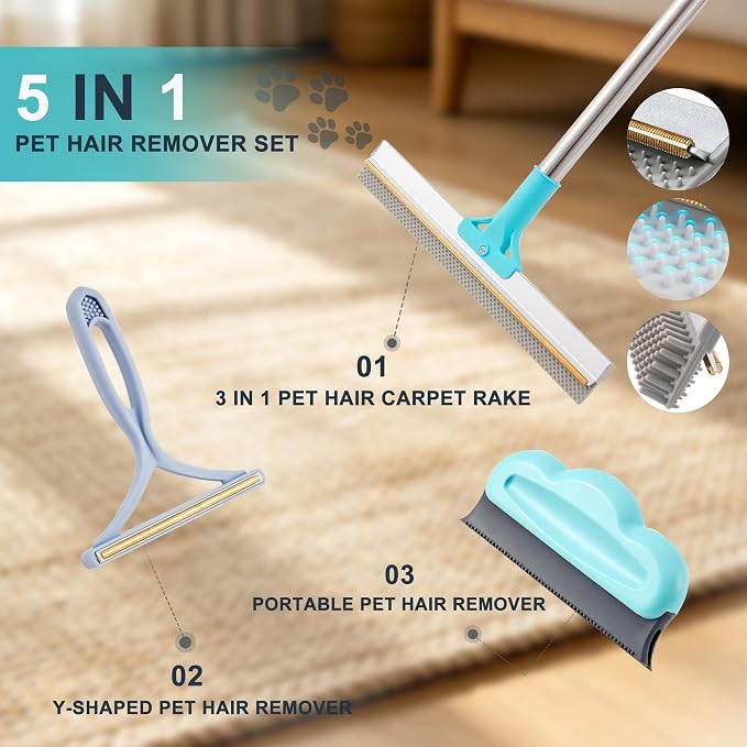 Carpet Rake for Pet Hair Removal Tool, Cat & Dog Pet Hair Remover Broom with 54” Adjustable Long Handle, Reusable Carpet Brush Rake for Rugs, Mats, Couch, Furniture