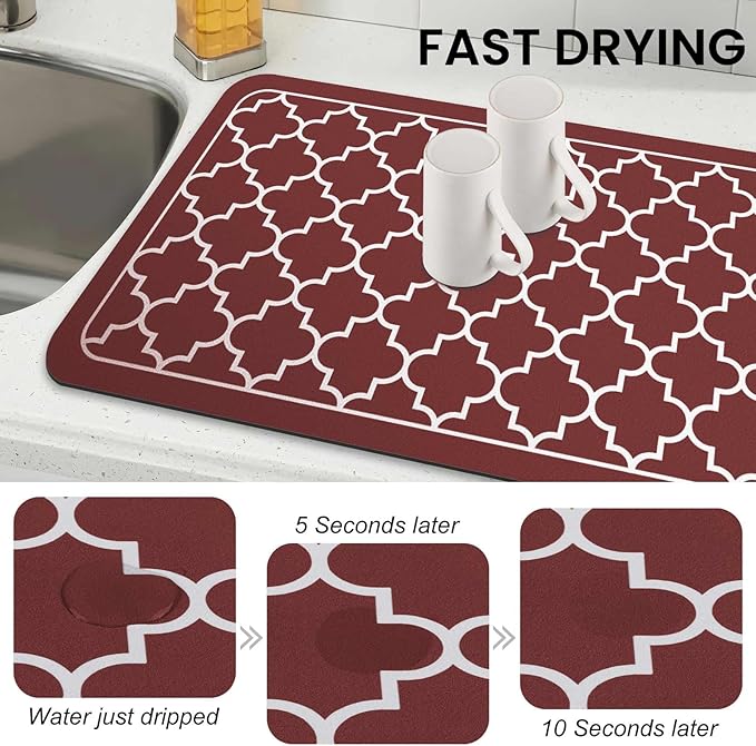 WISELIFE Dish Drying Mat Super Absorbent Drying Mat Large Dish Drying Mats for Kitchen Counter Easy Clean Dish Mat Kitchen Drying Mat18"x 36" Stylish Red