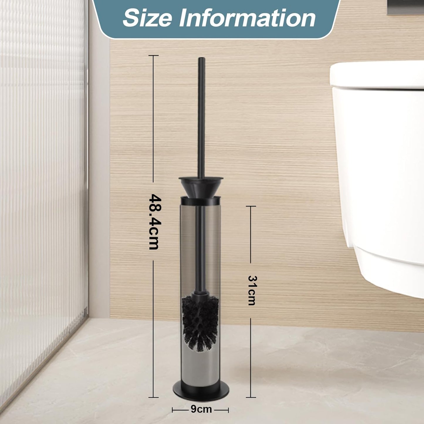 BGL Toilet Brush and Holder Set, Heavy Duty 304 Stainless Steel, Round Base and Long Handle for Bathroom Deep Cleaning, Drip-Proof, Space Saving for Storag, Black