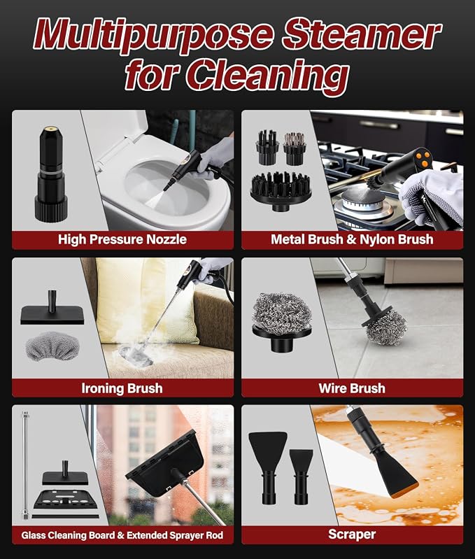 2026 Upgraded Steam Cleaner,10s Heat-Up,1.2L Tank, 6-Level Adjustable Handle,1500W Steamer for Cleaning, Portable Steamer for Cleaning with 20PCS Accessories, Steam Cleaner for Home,Car,Dirt