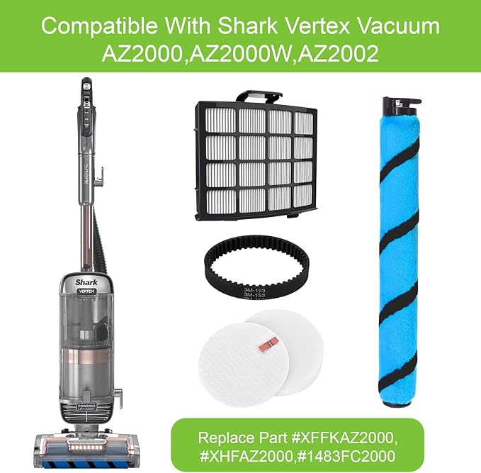 AZ2002 Filter Replacement Accessories for Shark AZ2002 AZ2000 AZ2000W Vertex DuoClean PowerFin Upright Vacuum, 6 foams, 2 hepa filters, 1 soft brush roller, and 2 Belts