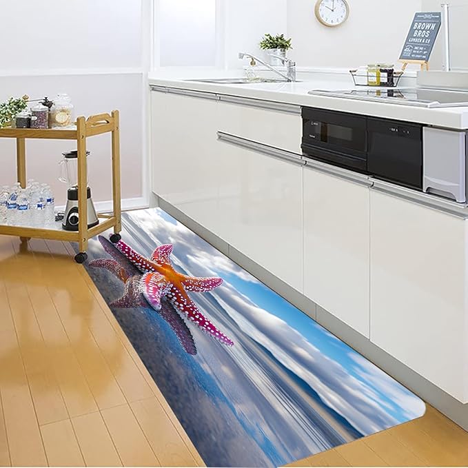 WODEJIA Non Slip Bath Rugs Sponge Foam for Bathroom,Flannel Mat Rug for Living Room, Absorbent MatS for Forlaundry Room and Kitchen,Beach Starfish Welcome Mat 47x18 Inches