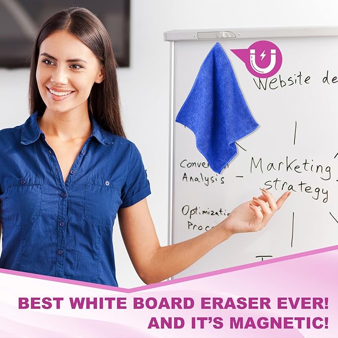 Tudomro 30 Pcs Magnetic Microfiber Cleaning Cloth Dry Erasers Bulk for Most Whiteboards Dry Erase Cloth Cleaner Reusable, Home, Office, 10'' x 10''(Black, Blue)