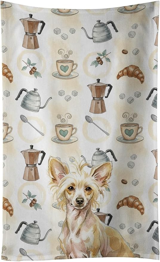 Caroline's Treasures Hairless Palomino Chinese Crested Coffee Bar Kitchen Towel Velour Plush Front and Cotton Loop Back Machine Washable