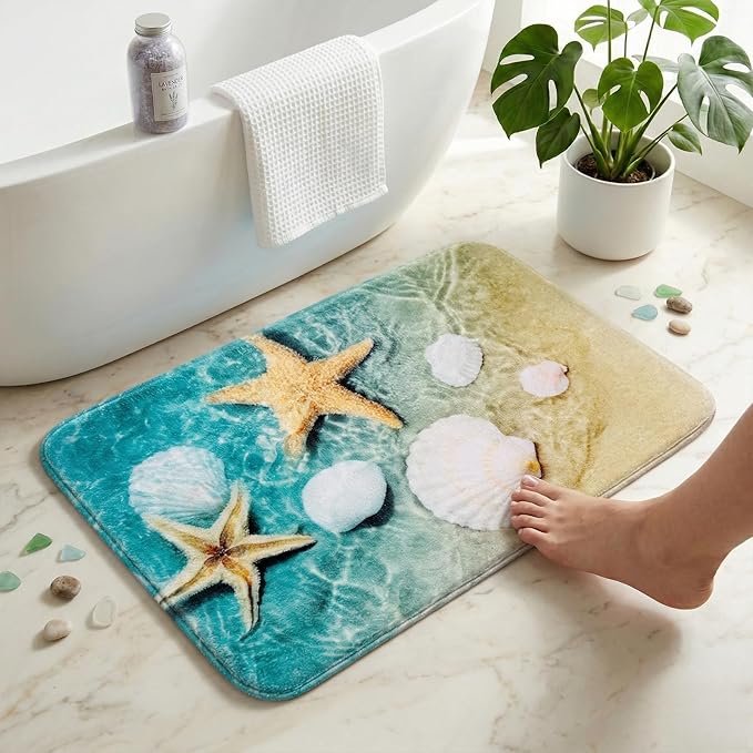 WODEJIA Bathroom Anti-Slip Foam Carpet,Durable Flannel Mat 3D Print Rug for Living Room, Absorbent Water Clearance MatS for Forlaundry Room and Kitchen, Beach Starfish Scallop Carpt 30x18 Inches