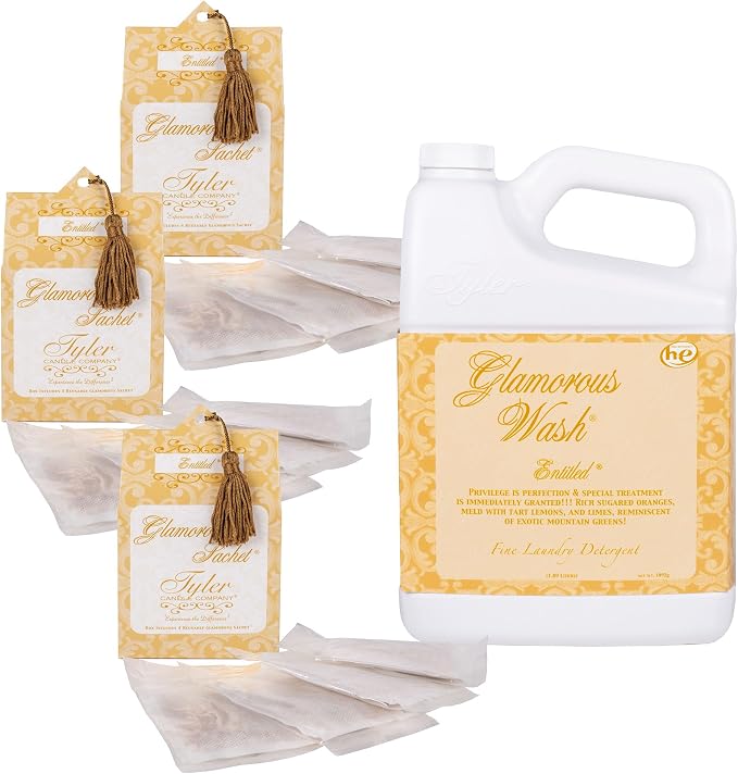 Elanze Designs Tyler Candle ENTITLED 64 Ounce Glam Laundry Detergent and Scented Sachet Bundle; set of 4