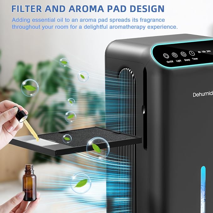 LOMMOL Dehumidifier, 86 OZ Dehumidifiers for Home (800 Sq.ft), Dehumidifier for Bedroom with Essential Oil Diffuser, 7 Color LED Light, 24H Timer, Auto Shut-off, Ideal for Bathroom Closet RV (Black)