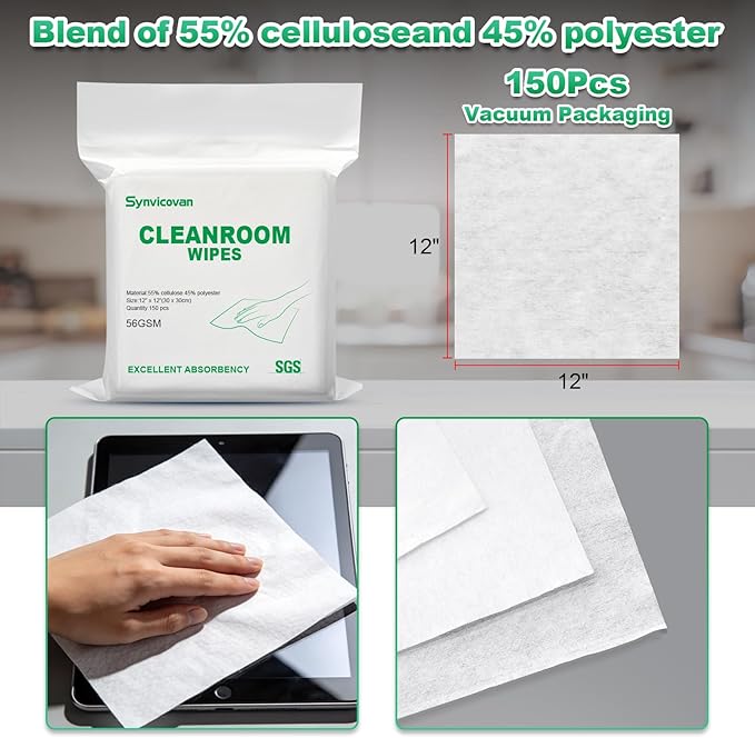 Cleanroom Wipes 12" x 12" Lint Free Wipes for Laboratory, Electronics, Pharmaceutical, Printing, Automotives and Semiconductor Industries (56GSM, 150 Pcs)
