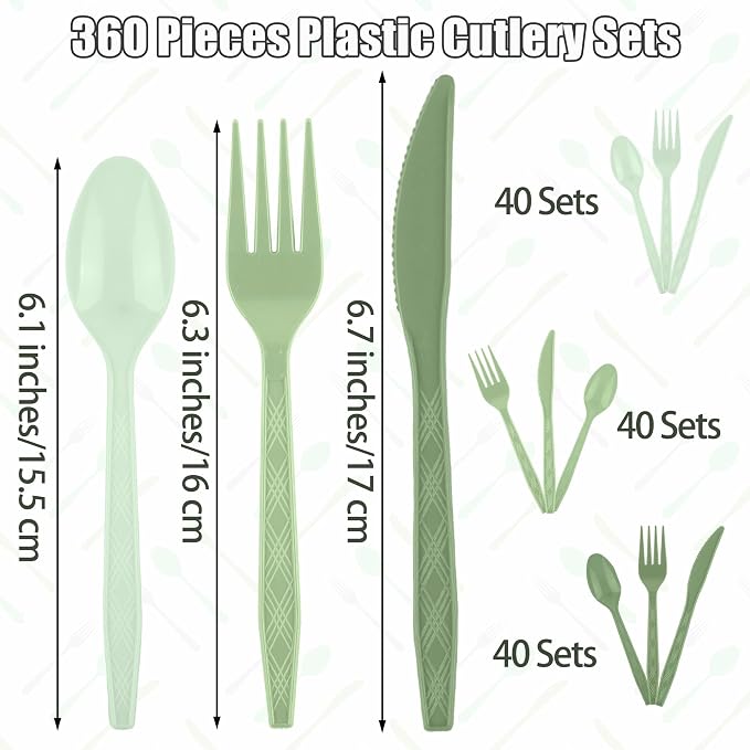 Kochorie 360 Pieces Gradient Sage Green Plastic Cutlery Set Disposable Plastic Utensils Heavy Duty Flatware Set Includes 120 Knives 120 Forks 120 Spoons for Birthday Wedding Baby Shower Party, Picnic