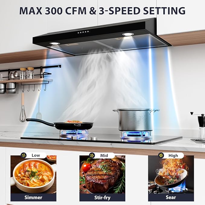 Rang Hood 30 inch Under Cabinet, Ductless Slim Kitchen Range Hood Vent with Filter, LED Lights, 3 Speed Exhaust Fan, Campanas para Cocina (JX3875- Black)
