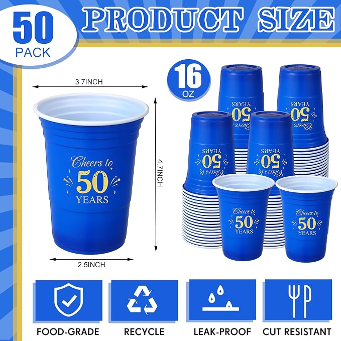 Ziliny 50 Pack 50th Birthday Cups 16 oz Cheers to 50 Years Disposable Plastic Cups Gold and Blue Birthday Party Hot Cold Drinks Tool for Party Wedding Anniversary Supplies Decorations