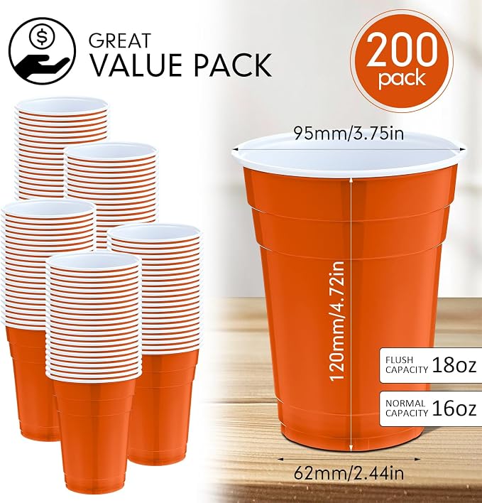 Mimorou Orange 200 Pack Plastic Cups 16 oz Disposable Cups for Party Wedding Halloween Stackable Beverage Drinking Tumbler Heavy Duty for BBQ Birthday Baby Shower