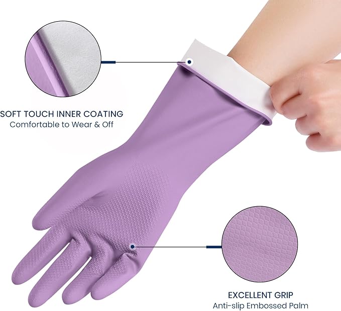 Rubber Cleaning Gloves for Dishwashing, 12 Pairs Reusable Kitchen Gloves for Washing Dishes and Household Cleaning, Colorful Gloves with Flocked Lining and Non-Slip Grip, Perfect for Women Men - S