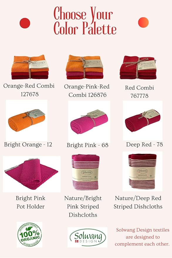 Solwang 3-Piece Danish Cotton Dishcloths in 100% Certified Organic Cotton Made in India (Red Organic Combi)