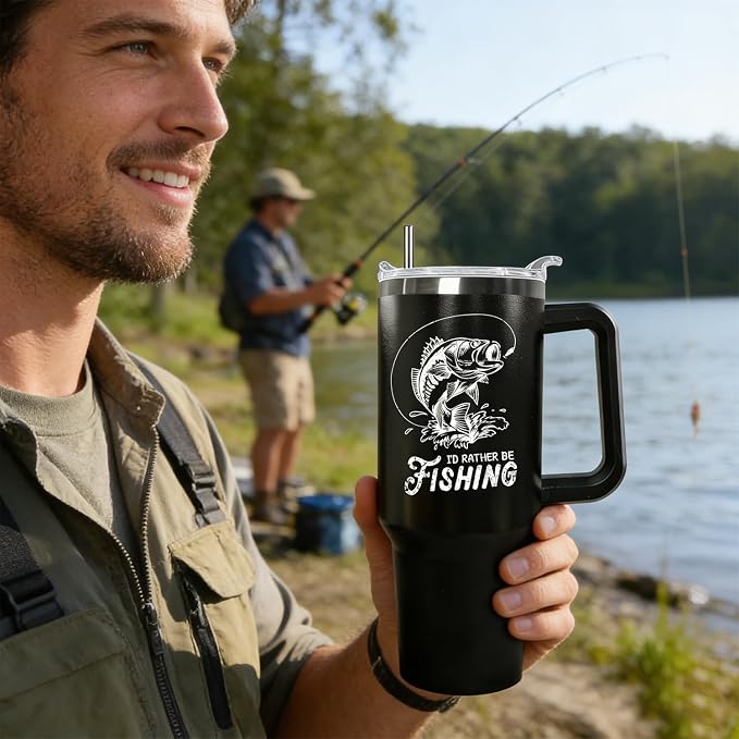 Ceovfoi 40 oz Black Stainless Steel Tumbler With Handle, Fishing Gifts for Men, American Flag Patriotic Cup