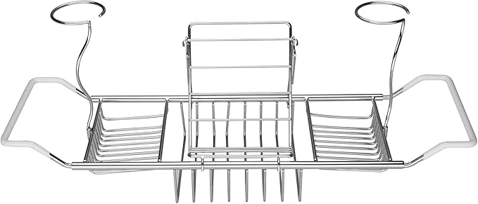 iPEGTOP Stainless Steel Bathtub Caddy Tray - Over Bath Tub Racks Shower Organizer with Extending Sides, Removable Wine Glass Book Holder
