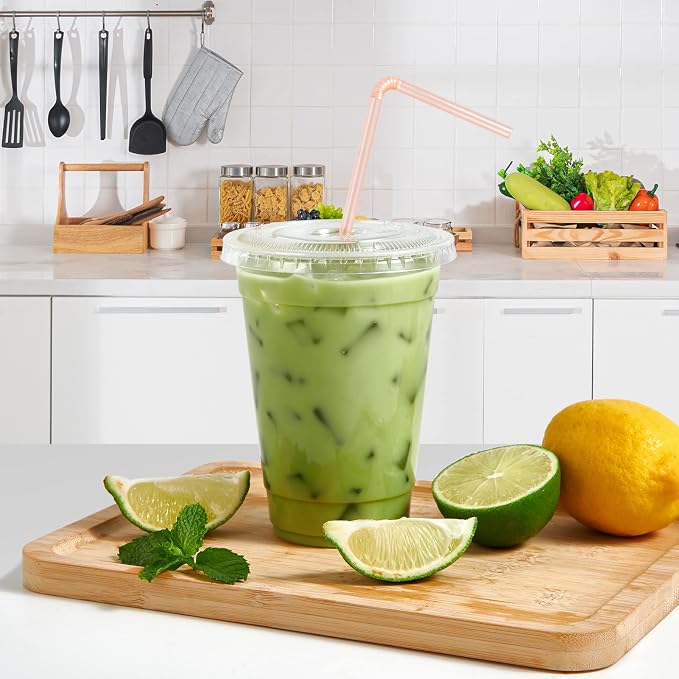 FOCUSLINE 200 PACK 16oz Clear Plastic Cups with Lids, Disposable Cold Drinking Cups, 16 Ounce Large Clear Cup with Flat Lids with Holes for Smoothie, Milkshake, Bubble Tea, Parfait