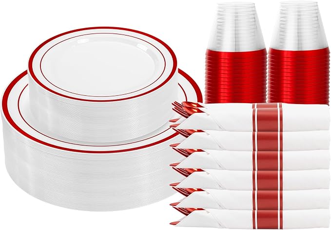 DaYammi 210PCS Red Plastic Dinnerware Set Red Plates Disposable Disposable Plates for Party Include: 30 Dinner Plates,30 Dessert Plates,30 Pre Rolled Napkins with Silverware,30 Cups for Wedding