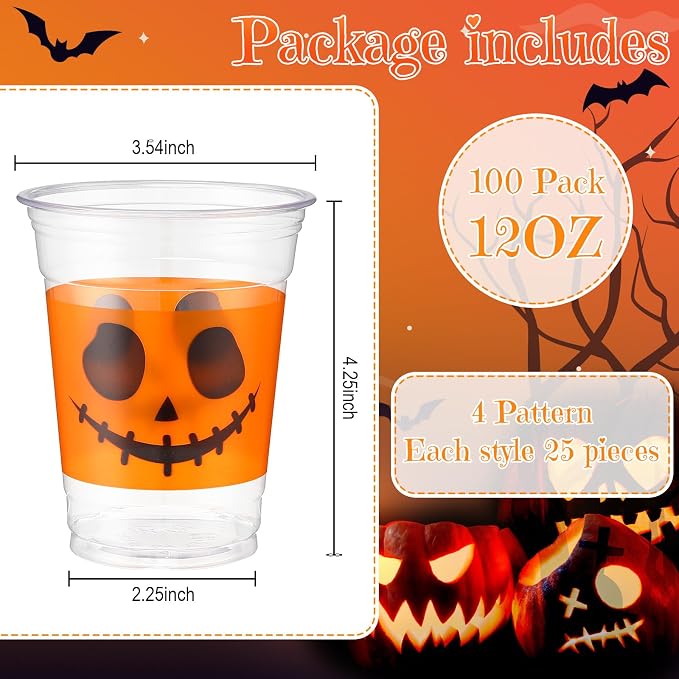 Bokon 100 Pcs Halloween 12 oz Plastic Cups Pumpkin Design Disposable Cocktail Glasses Happy Halloween Cute Disposable Cups for Coffee Juice Hot Cold Drinks Party Supplies 4 Styles