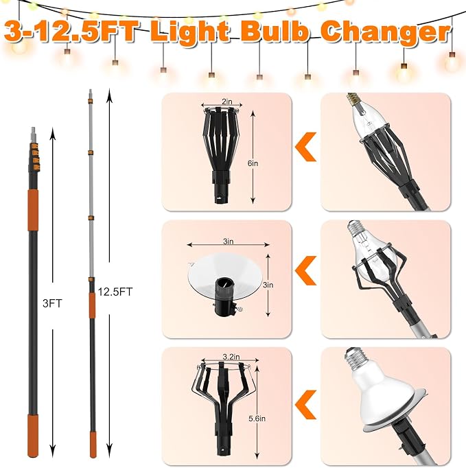Buyplus 18.5FT Reach Light Bulb Changer for High Ceilings with 3-12.5FT Telescopic Extension Pole, Easy Flip-Tab Lock Bulb Changing Pole Extension with Basket and Suction Cup for Recessed Lights
