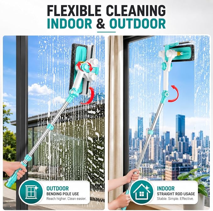 ORIXA Outside Window Cleaner, U Shaped Extendable Squeegee, Detachable Rotatable Glass Squeegee with 2 Wiping Cloth Replacements