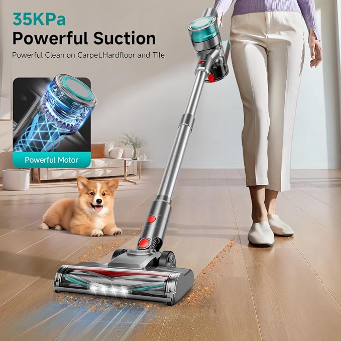 Cordless Vacuum Cleaner, 35Kpa Vacuum Cleaner for Home, 45Mins Stick Vacuum with LED Display, Anti-Tangle & Wall Mount Charging, 6 in 1 Lightweight Vacuum for Hard Floors, Carpet, Pet Hair