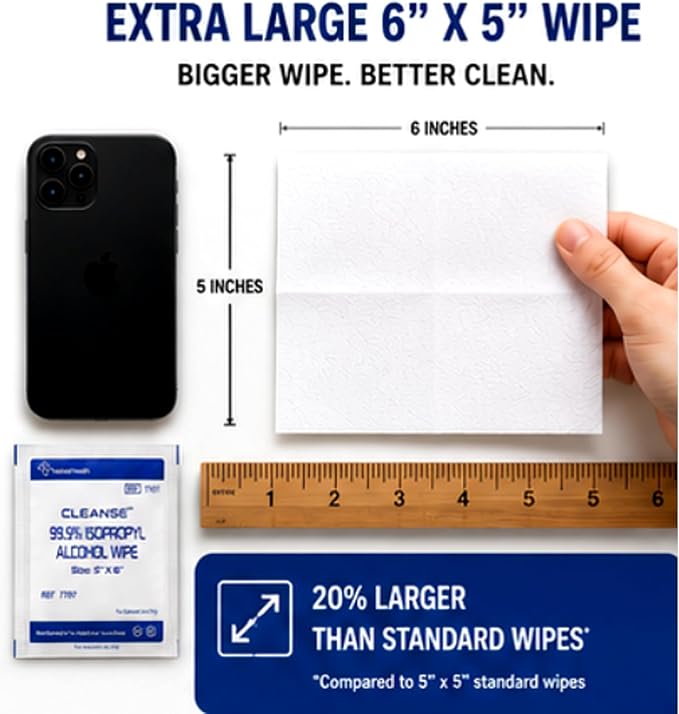 Cleanse 99.9% Isopropyl Alcohol Handy Wipes, 50 Counts Lint Free Non-Abrasive No Water Residue Ideal for Electronics, Household, Work Equipment Safe for Tech Cleaning & Screens (6 x 5 inches)