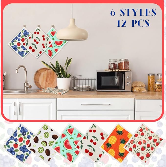 Mifoci 12 Pcs Fruit Swedish Kitchen Dishcloths 7 x 8 Inch Reusable Vintage Fruit Dish Towels Absorbent Cotton Cleaning Cloths for Kitchen Cleaning Wipes Housewarming