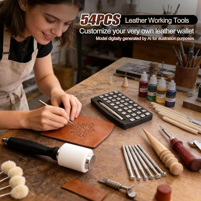 Leather Working Kit with Cowhide and Paint Set | Men's Wallet DIY Kit, Leather Crafting Tools, Hobbies for Women and Men, Art and Crafts for Adults