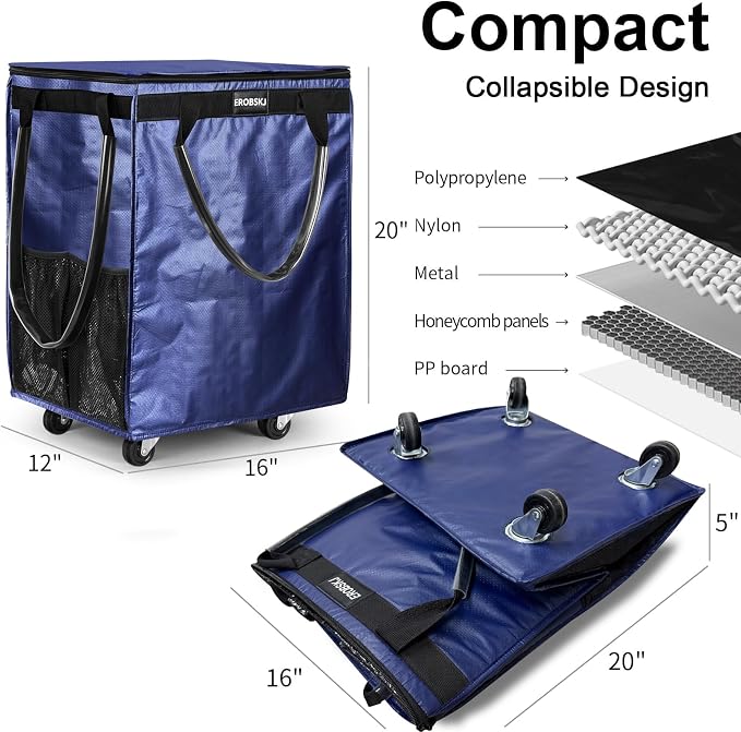 (Medium, Navy) Reusable Grocery Bag on Wheels, 70L Foldable Rolling Tote, Extra Storage for Shopping, Zipper Clouser Shopping Carts for Groceries, Laundry, Organization, Moving,4 Heavy Duty Wheels | Bag on Wheels