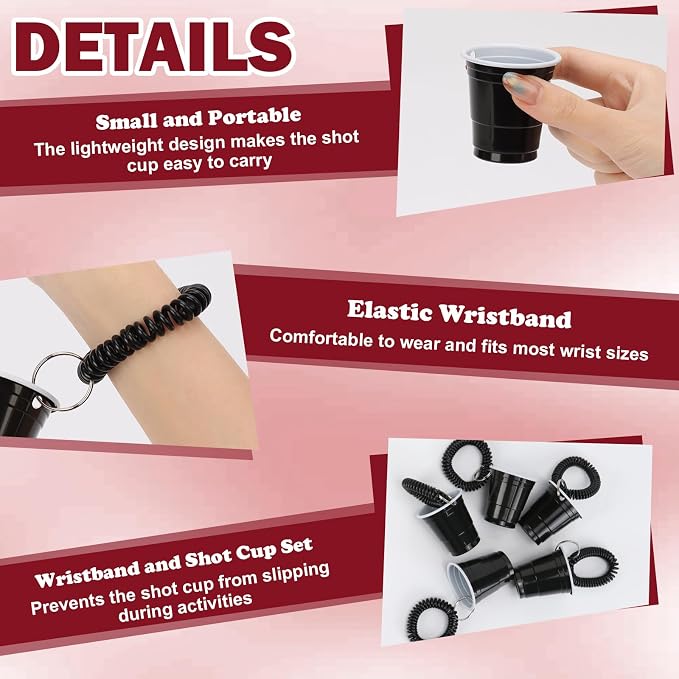 30 Pcs Black Shot Cups with Wristband for Party 2oz Plastic Shot Glasses Bulk Disposable Mini Shot Glasses with Bracelet Wear On Solo Cups for Party Beer Sample Taste Serving Graduation Birthday