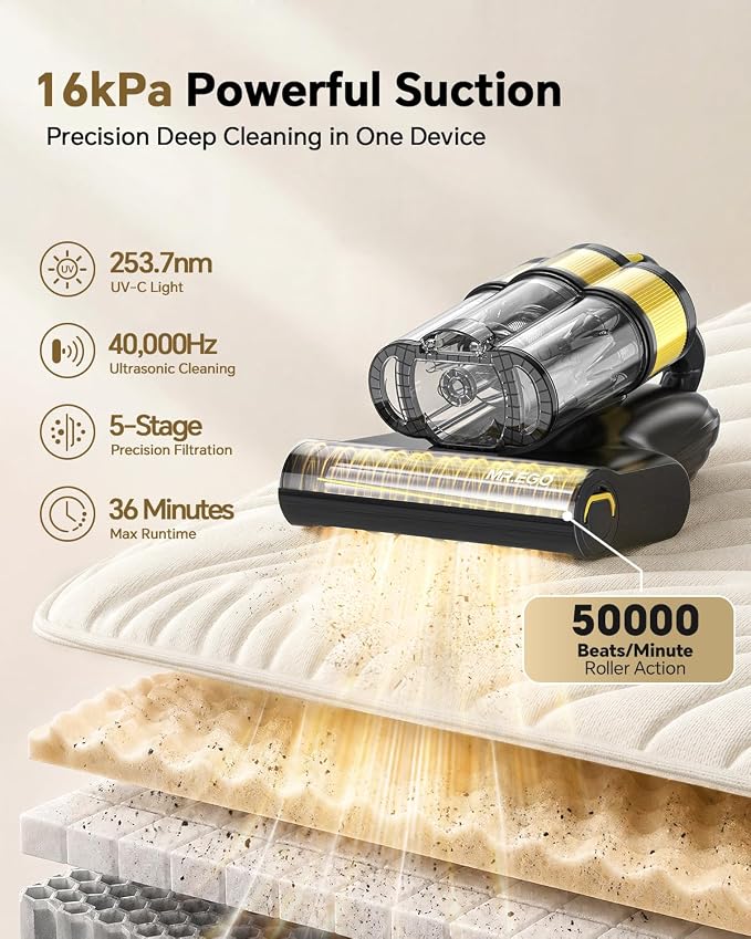 Mr.ego Cordless Mattress Vacuum Cleaner, 16Kpa Bed Vacuum Cleaner, UV-C & Ultrasonic Deep Cleaning, Smart Sensor & LED Display, Large Dust Cup, Reusable Filter, Handheld Vacuum for Bed, Sofa, Crib